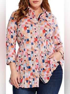 NIC+ZOE Checked Up Crinkle Cotton Button-Up Shirt Size L